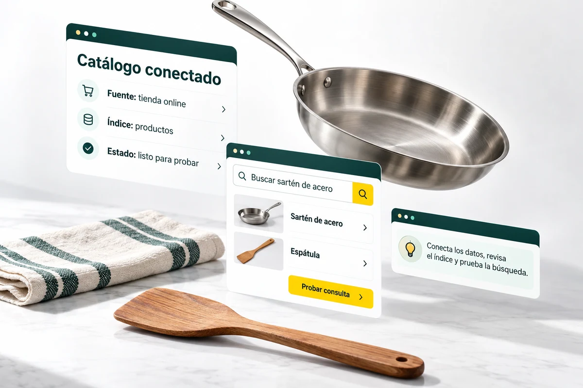 Ilustración de UBÍKALO: Catálogo conectado. Buscar sartén de acero. Vista de revisión para UBÍKALO vs Coveo: delimita tu proyecto de búsqueda.