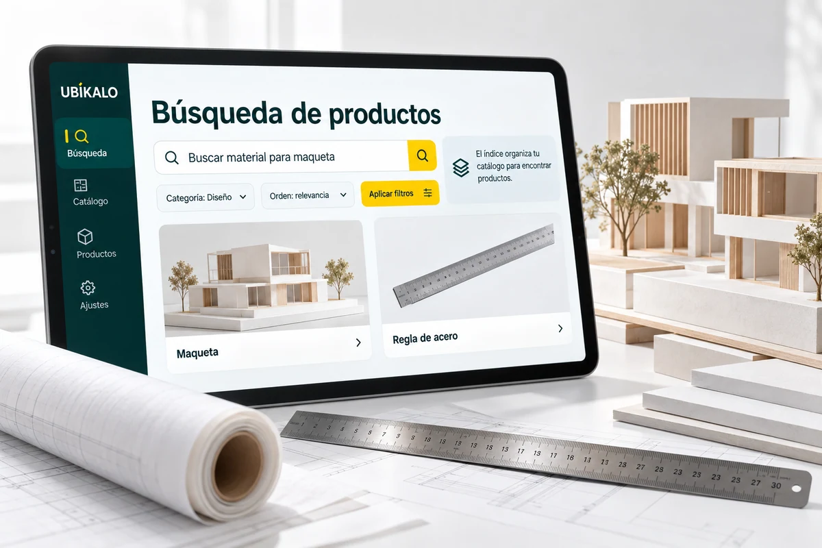 Ilustración de UBÍKALO: Búsqueda de productos. Buscar material para maqueta. Vista de configuración para UBÍKALO vs Luigi’s Box: encuentra el alcance que sí necesitas.