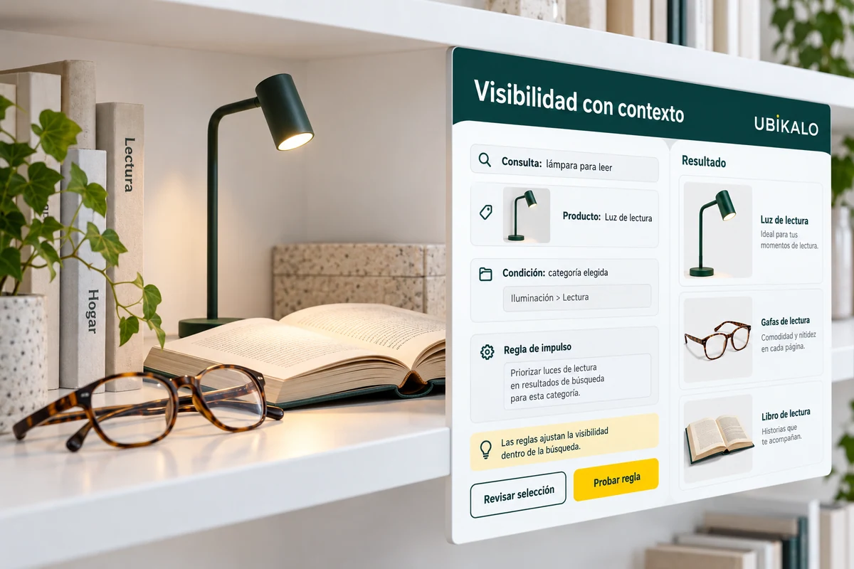 Ilustración de UBÍKALO: Visibilidad con contexto. Consulta: lámpara para leer. Vista general para UBÍKALO vs Nosto: decide qué personalización necesitas.