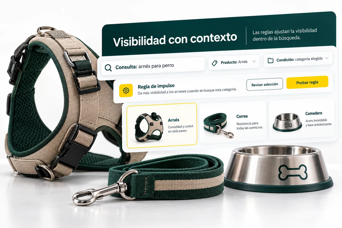 Ilustración de UBÍKALO: Visibilidad con contexto. Consulta: arnés para perro. Vista de configuración para UBÍKALO vs Nosto: decide qué personalización necesitas.