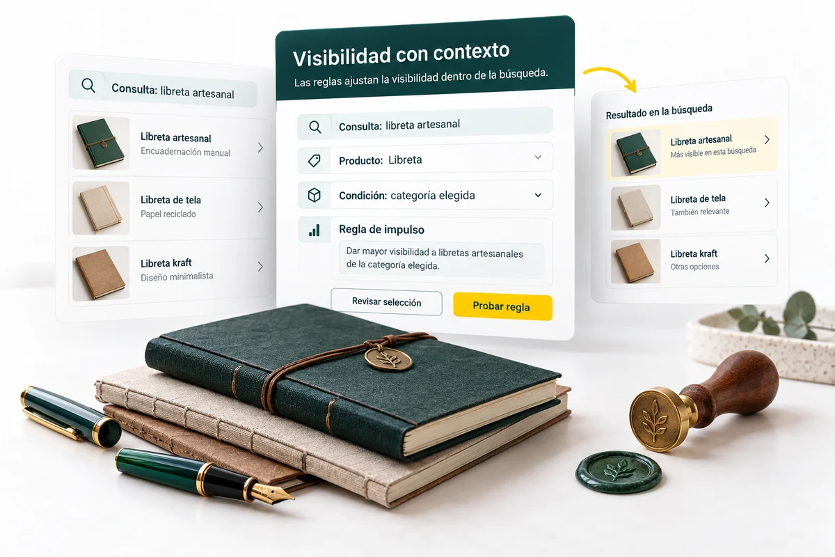 Ilustración de UBÍKALO: Visibilidad con contexto. Consulta: libreta artesanal. Vista de revisión para UBÍKALO vs Nosto: decide qué personalización necesitas.
