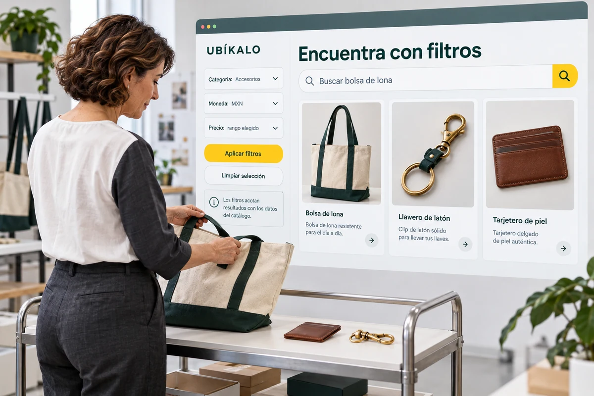 Ilustración de UBÍKALO: Encuentra con filtros. Buscar bolsa de lona. Vista general para UBÍKALO vs Searchanise: filtros que ayudan a elegir.