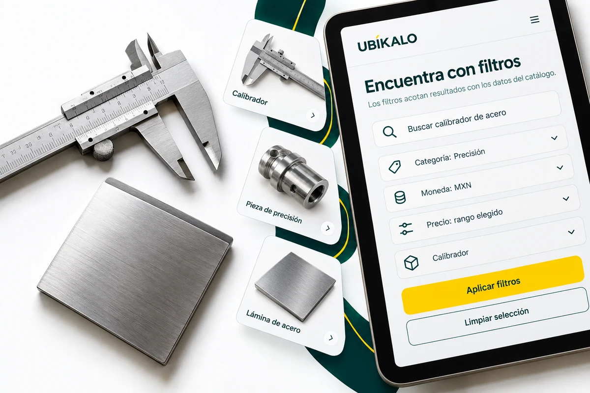 Ilustración de UBÍKALO: Encuentra con filtros. Buscar calibrador de acero. Vista de configuración para UBÍKALO vs Searchanise: filtros que ayudan a elegir.