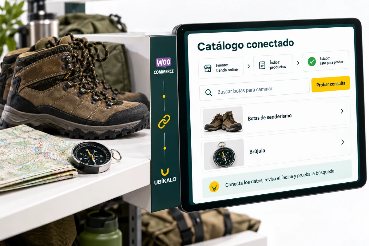 Ilustración de UBÍKALO: Catálogo conectado. Buscar botas para caminar. Vista de configuración para Un buscador para WooCommerce conectado a tu catálogo..