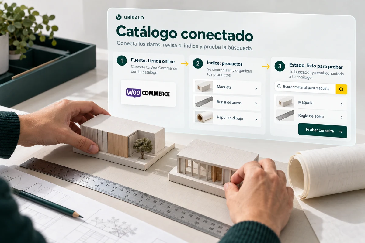 Ilustración de UBÍKALO: Catálogo conectado. Buscar material para maqueta. Vista de revisión para Un buscador para WooCommerce conectado a tu catálogo..